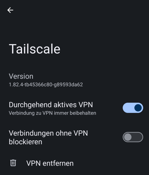 Android's Einstellungsseite für das Tailscale-VPN